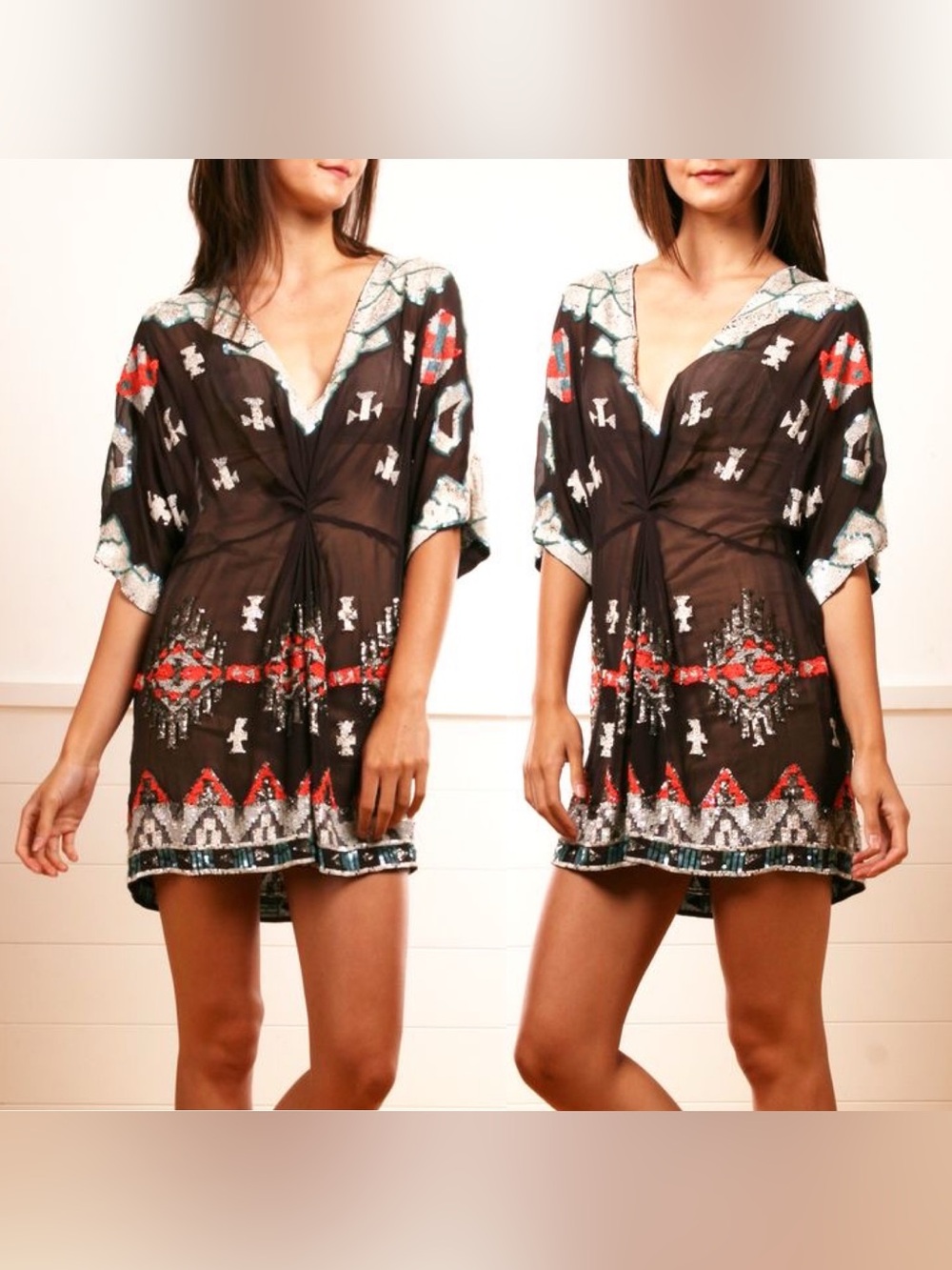 AllSaints Spitalfields Sequined Aztec Chariot Brown Silk Mini Dress